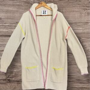 Kerri Rosenthal XO KR Hooded Cardigan Sweater Beige Smiley Patch Open Front M
